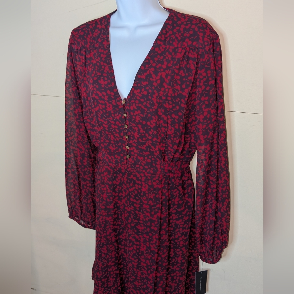 NWT Tommy Hilfiger Long Sleeve Mid Length Dress Red Petal Pattern - Picture 5 of 13
